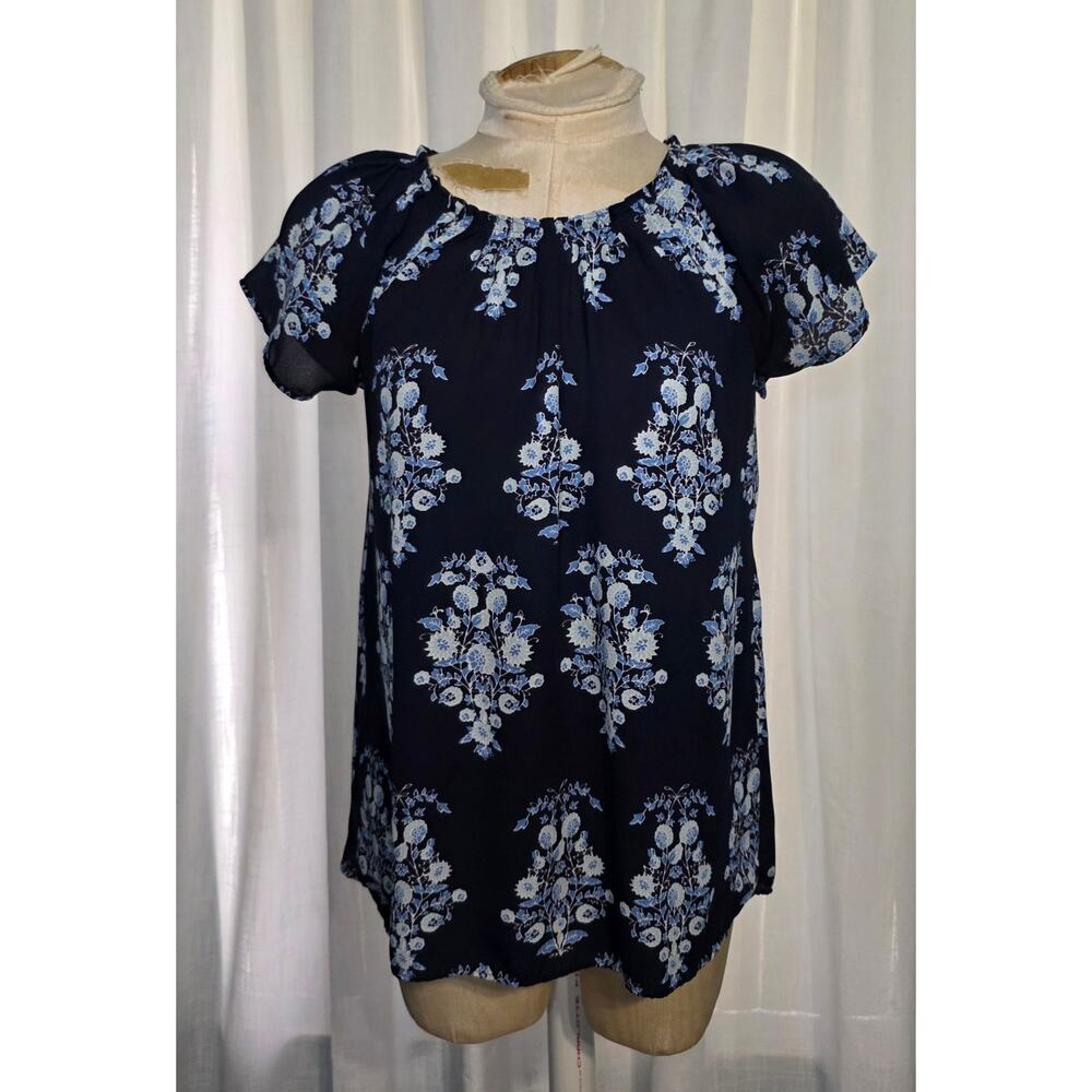 LOFT Women Navy Sheer Floral‎ Short Sleeve Pleated Blouse Multicolor Size Small